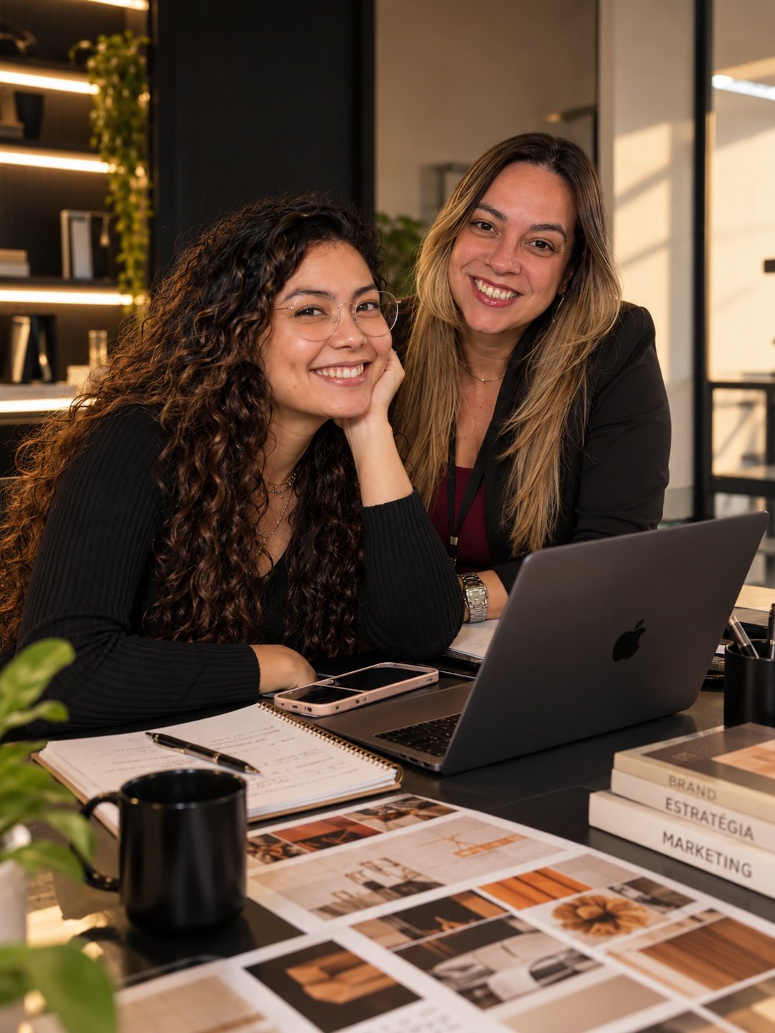 Julia e Amanda sorrindo para a câmera em uma mesa de estúdio, com notebook e cadernos